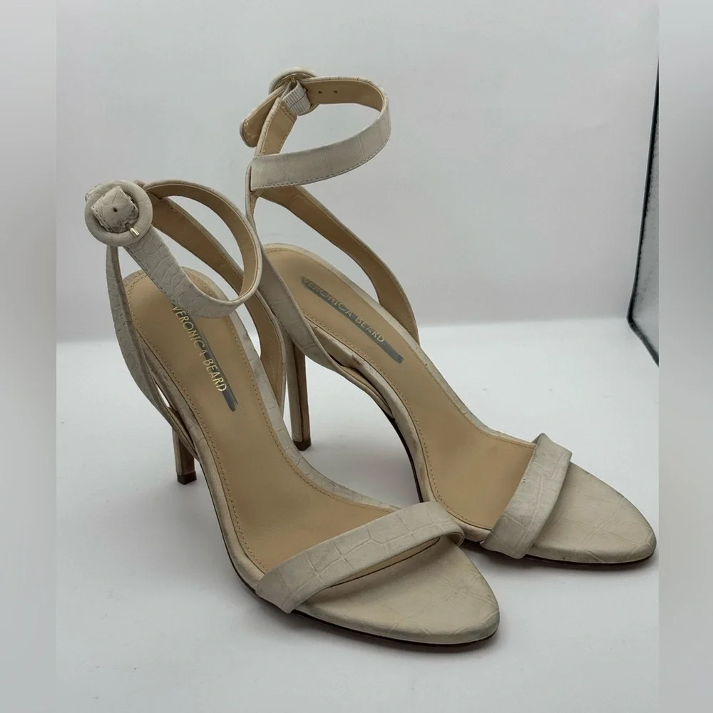 Veronica Beard Darcelle Croco Ankle-Strap Sandals Beige‎ Heels Sz 6.5